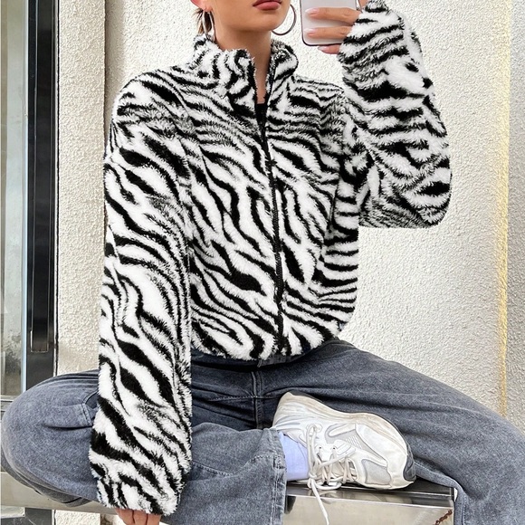 SHEIN Drop Shoulder Zebra Faux Fur Coat - Picture 1 of 5